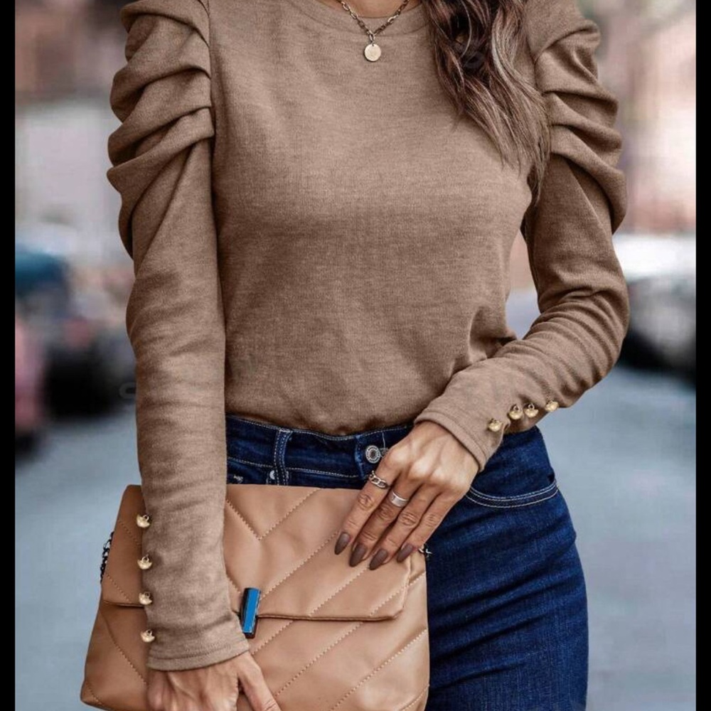 Shein - Elegant Brown Ruched Sleeve Top
